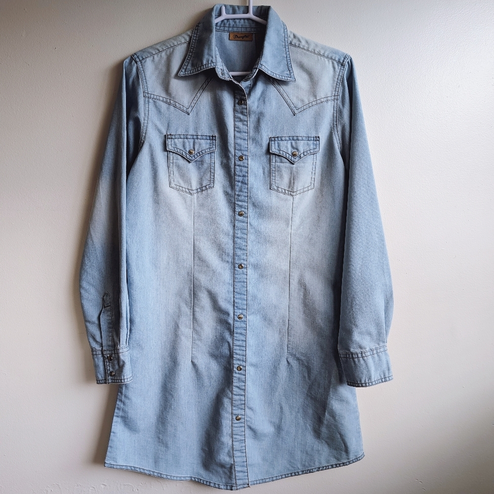 Wrangler Light Blue Western Denim Midi Shirt Dress Boho Coastal Cowgirl.  New!